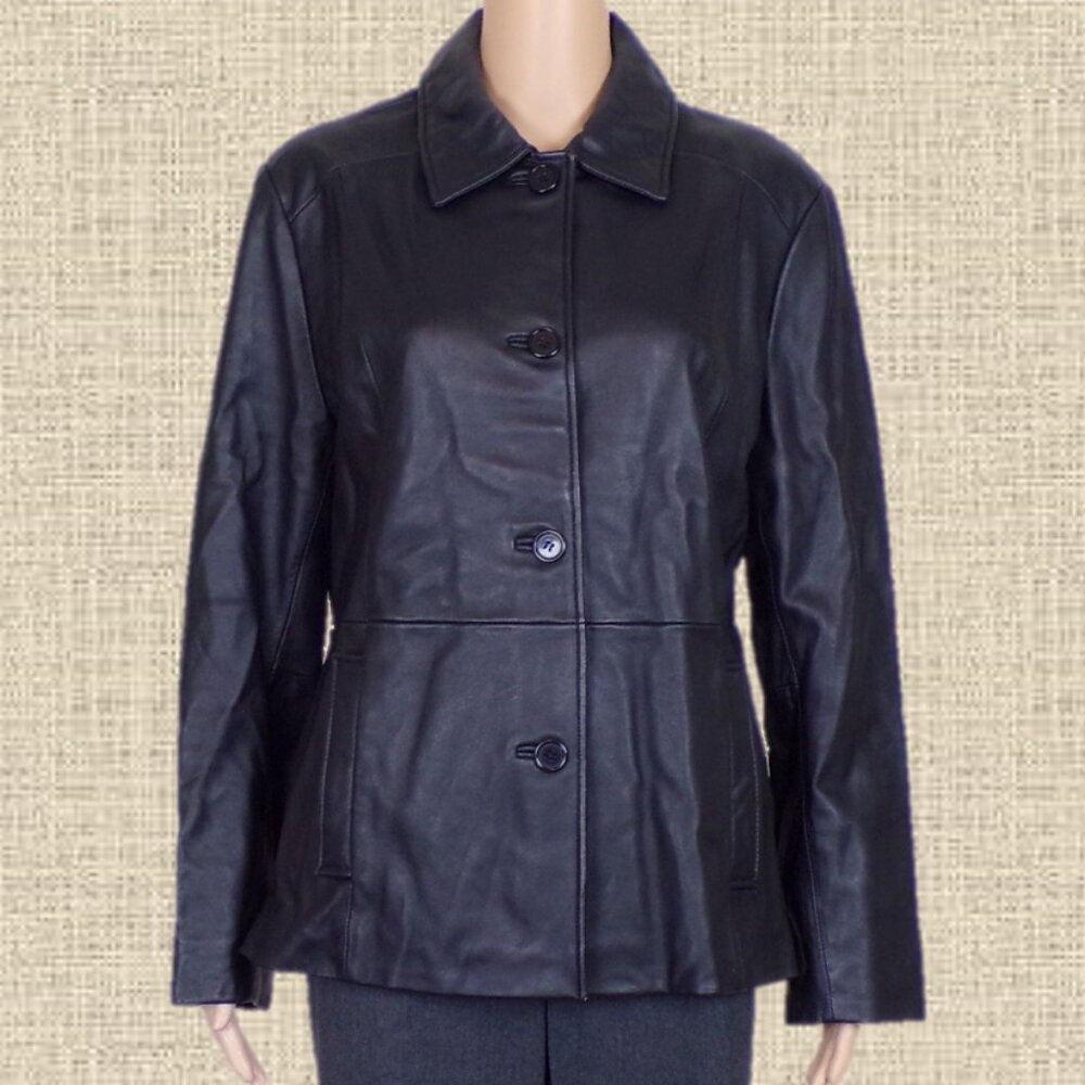 LEATHER! TIBOA LEATHERS size L Jrs black leather jacket button-front fully lined